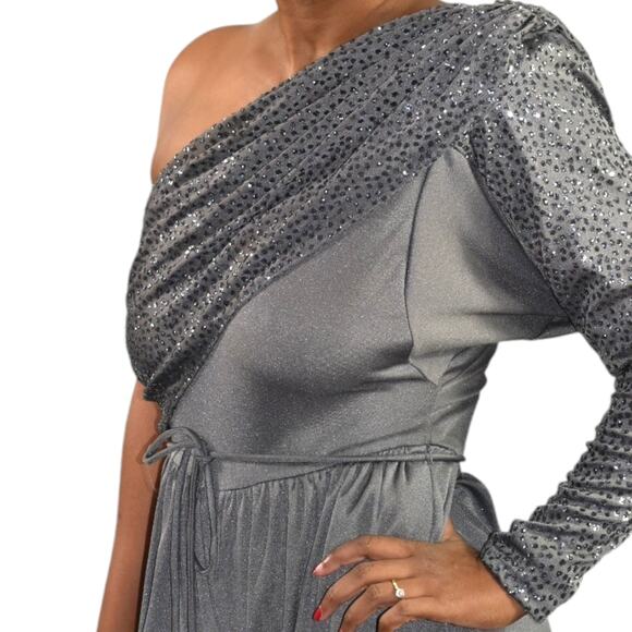 Vintage Climax One Shoulder Jumpsuit Gray Sequin Ruched Draped 70s Retro Small - Picture 12 of 15